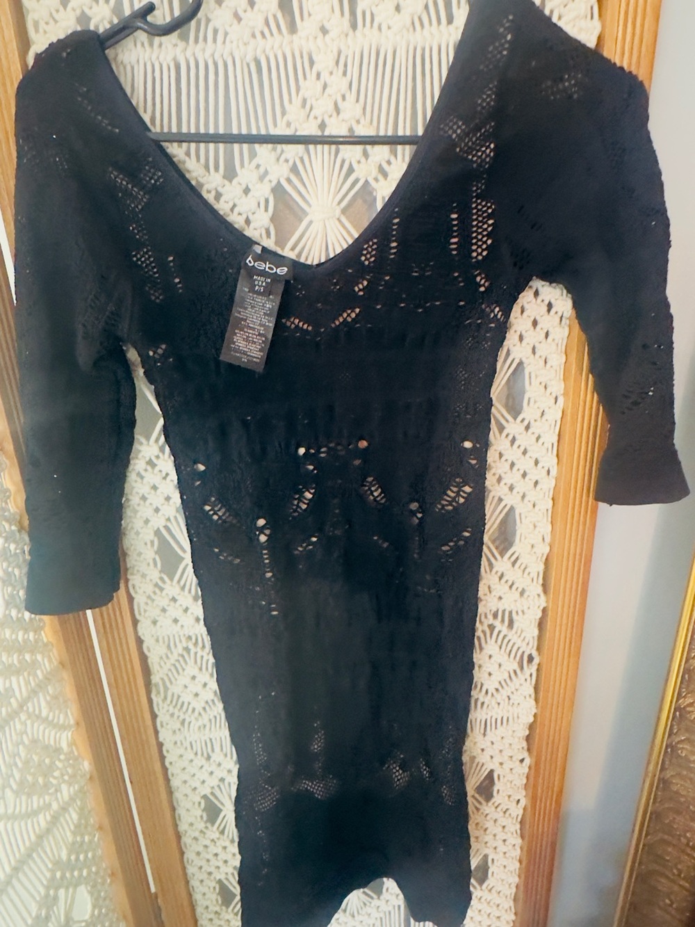 bebe Black Crochet Knit Lace Bodycon Dress Sheer Sleeve Sexy Cottagecore EUC